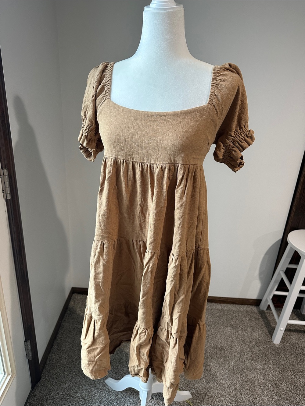 Square Neck Tiered Midi Dress in Camel